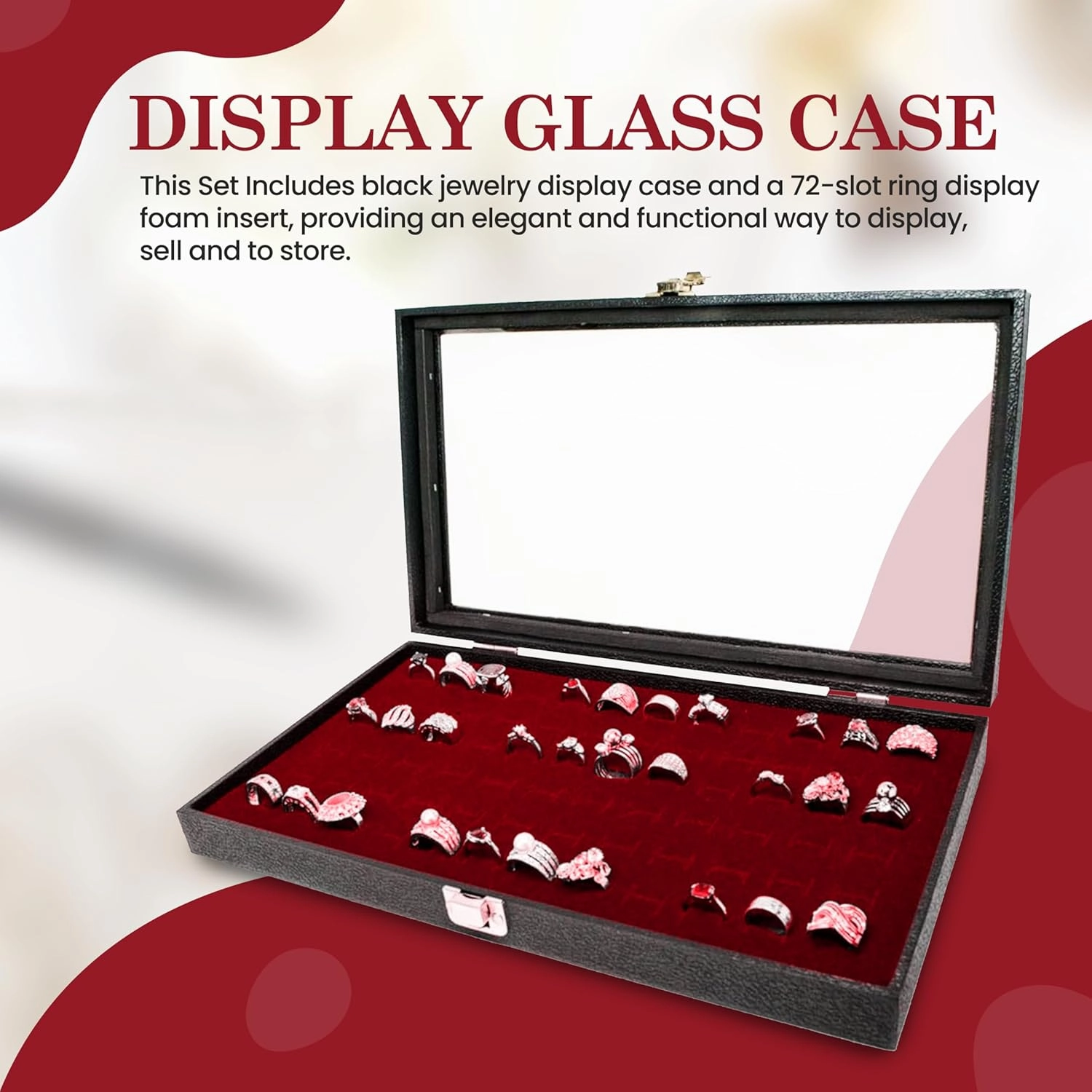 Novel Box Ring Display Glass Case Black 14.75x8.25x2.1 Inches with 72-Slot Burgundy Ring Foam Insert - Travel Ring Case with Metal Clasp - Jewelry Box to Keep Rings Dust Free & Secure