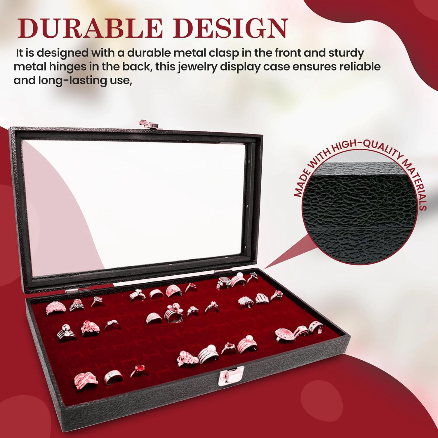 Novel Box Ring Display Glass Case Black 14.75x8.25x2.1 Inches with 72-Slot Burgundy Ring Foam Insert - Travel Ring Case with Metal Clasp - Jewelry Box to Keep Rings Dust Free & Secure