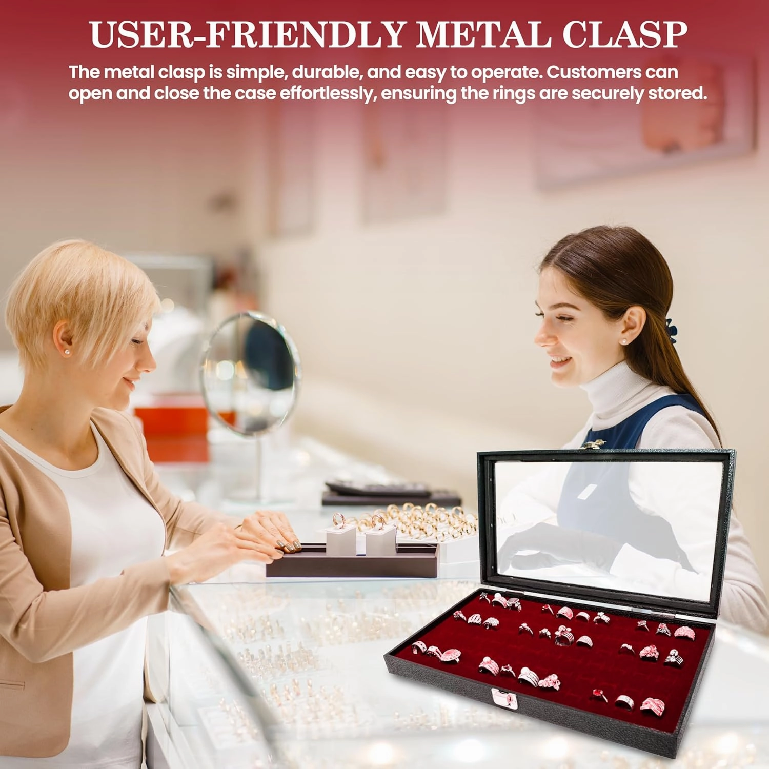 Novel Box Ring Display Glass Case Black 14.75x8.25x2.1 Inches with 72-Slot Burgundy Ring Foam Insert - Travel Ring Case with Metal Clasp - Jewelry Box to Keep Rings Dust Free & Secure