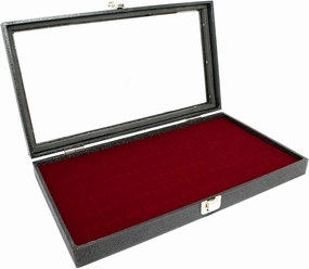 Novel Box Ring Display Glass Case Black 14.75x8.25x2.1 Inches with 72-Slot Burgundy Ring Foam Insert - Travel Ring Case with Metal Clasp - Jewelry Box to Keep Rings Dust Free & Secure