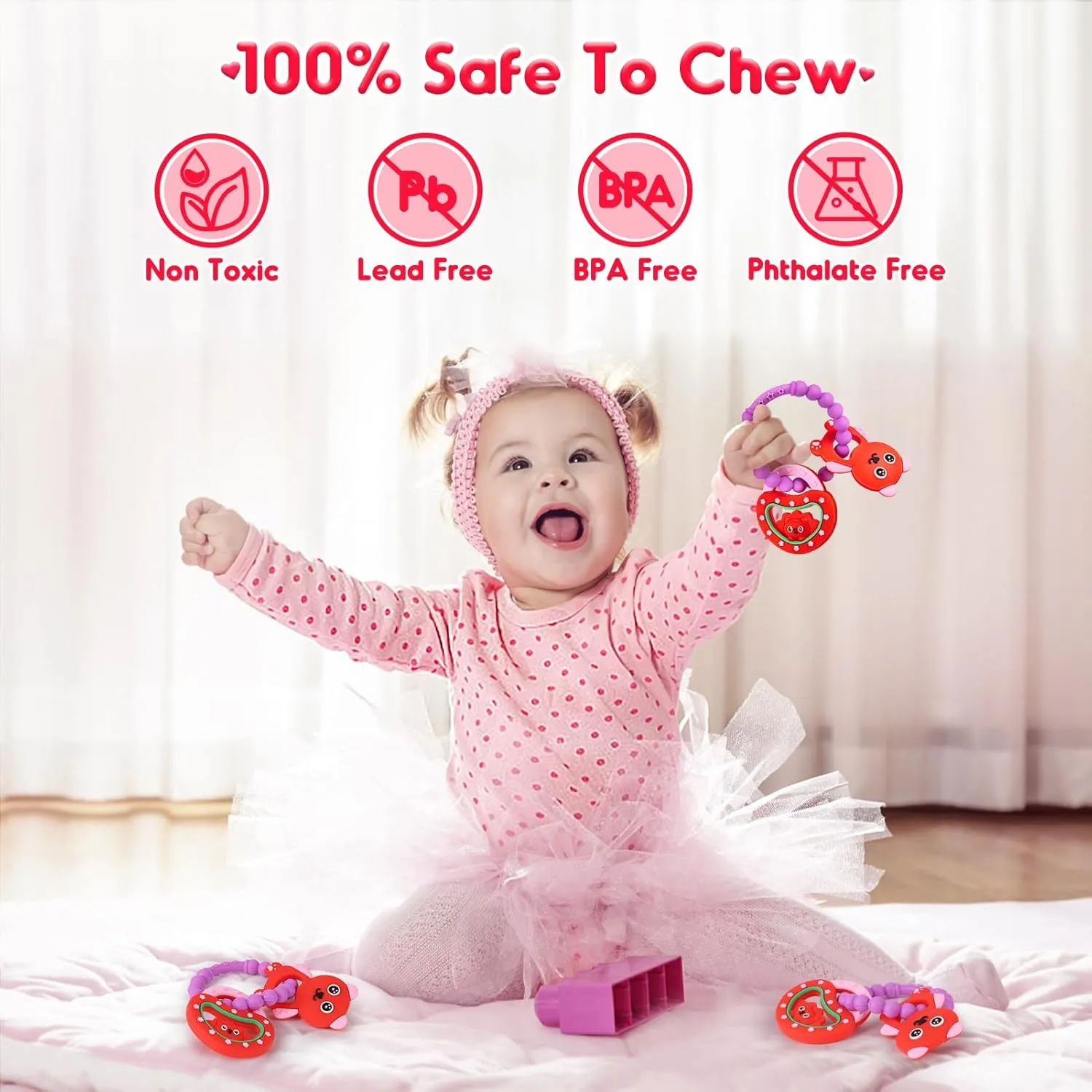 NPET Baby Valentines Teething Toy, Cute Bear & Red Heart Teething Ring, Sore Gums Relief, Chocking-Prove Design, Bpa-Free