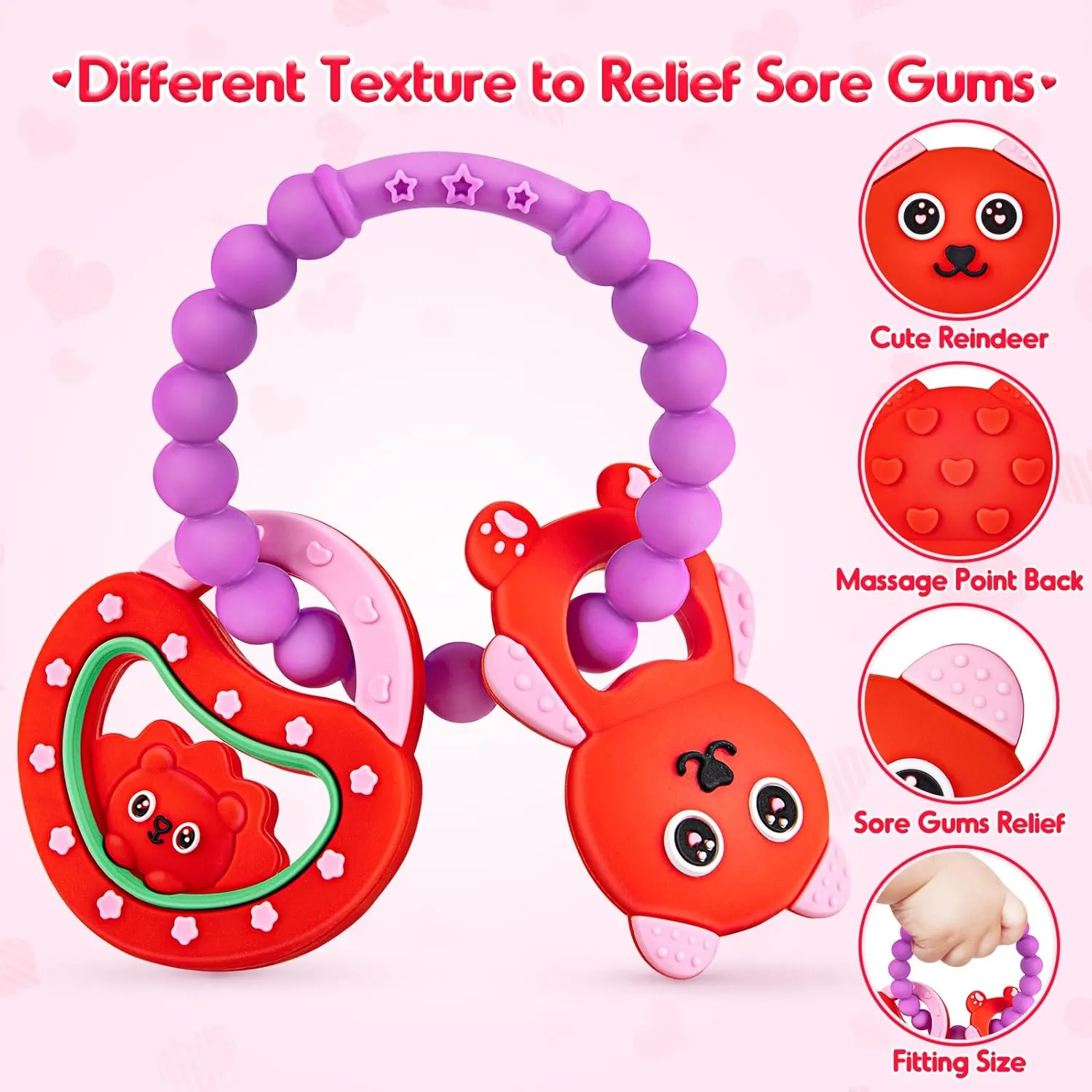 NPET Baby Valentines Teething Toy, Cute Bear & Red Heart Teething Ring, Sore Gums Relief, Chocking-Prove Design, Bpa-Free