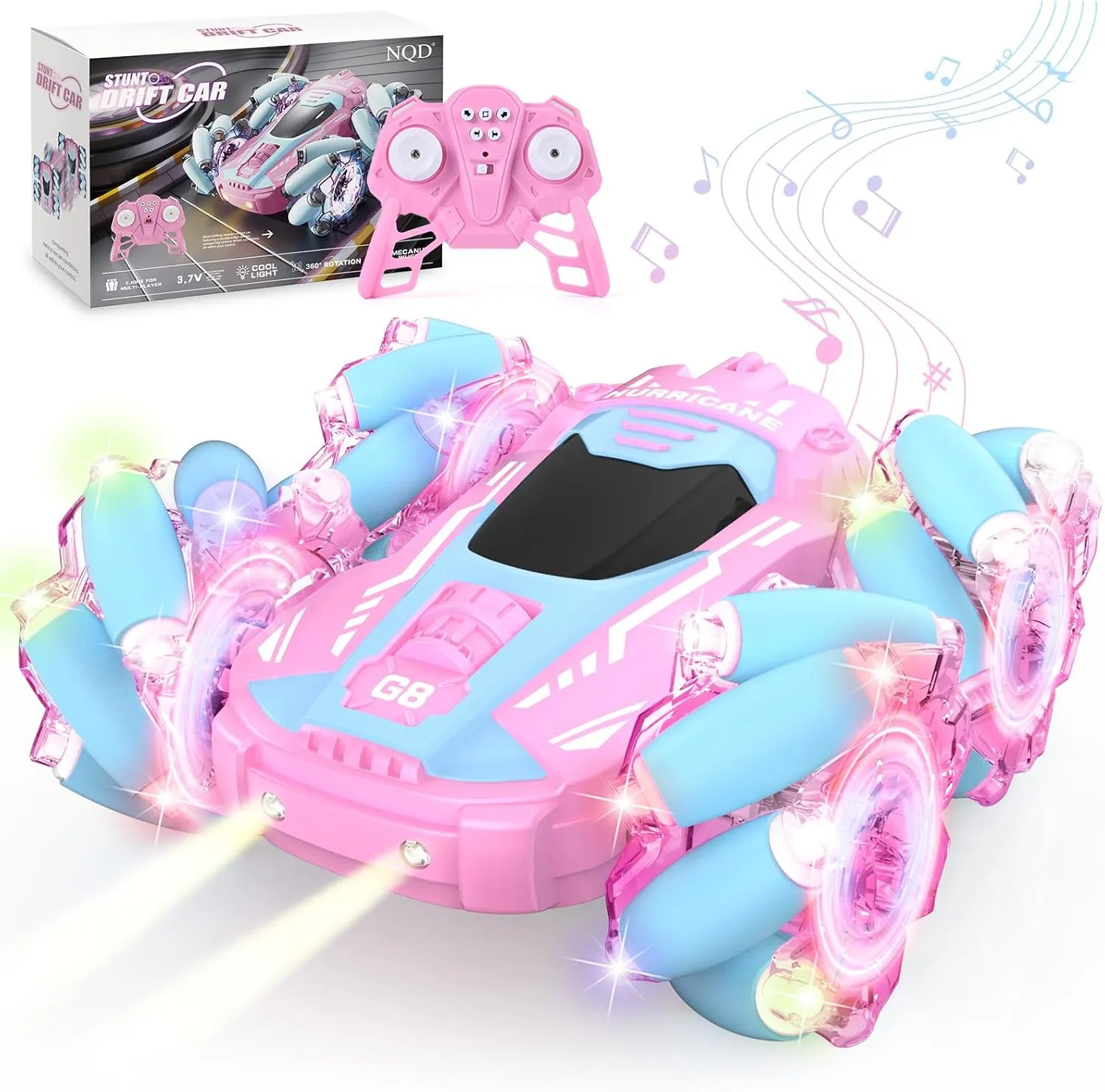 NQD Remote Control Car for Girls, RC Car 2.4 GHz Double Sided 360° Rotating Rc Stunt Car with Cool Lights Music Rechargeable All Terrains Monster Truck for Age 8-12 Girls Boy Christmas Birthday Gifts