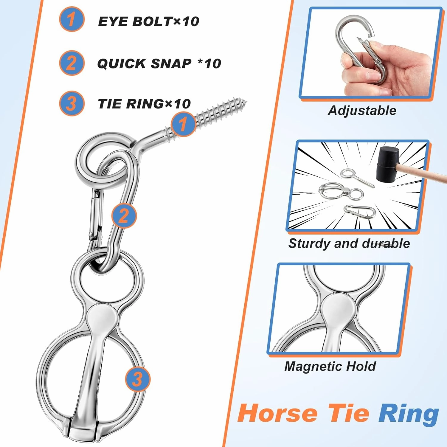 Nuenen Horse Tie Ring Stainless Steel Horse Tack and Supplies Safety Accessories with Eye Bolts and Snaps Saddle Training Equipment for Pulling