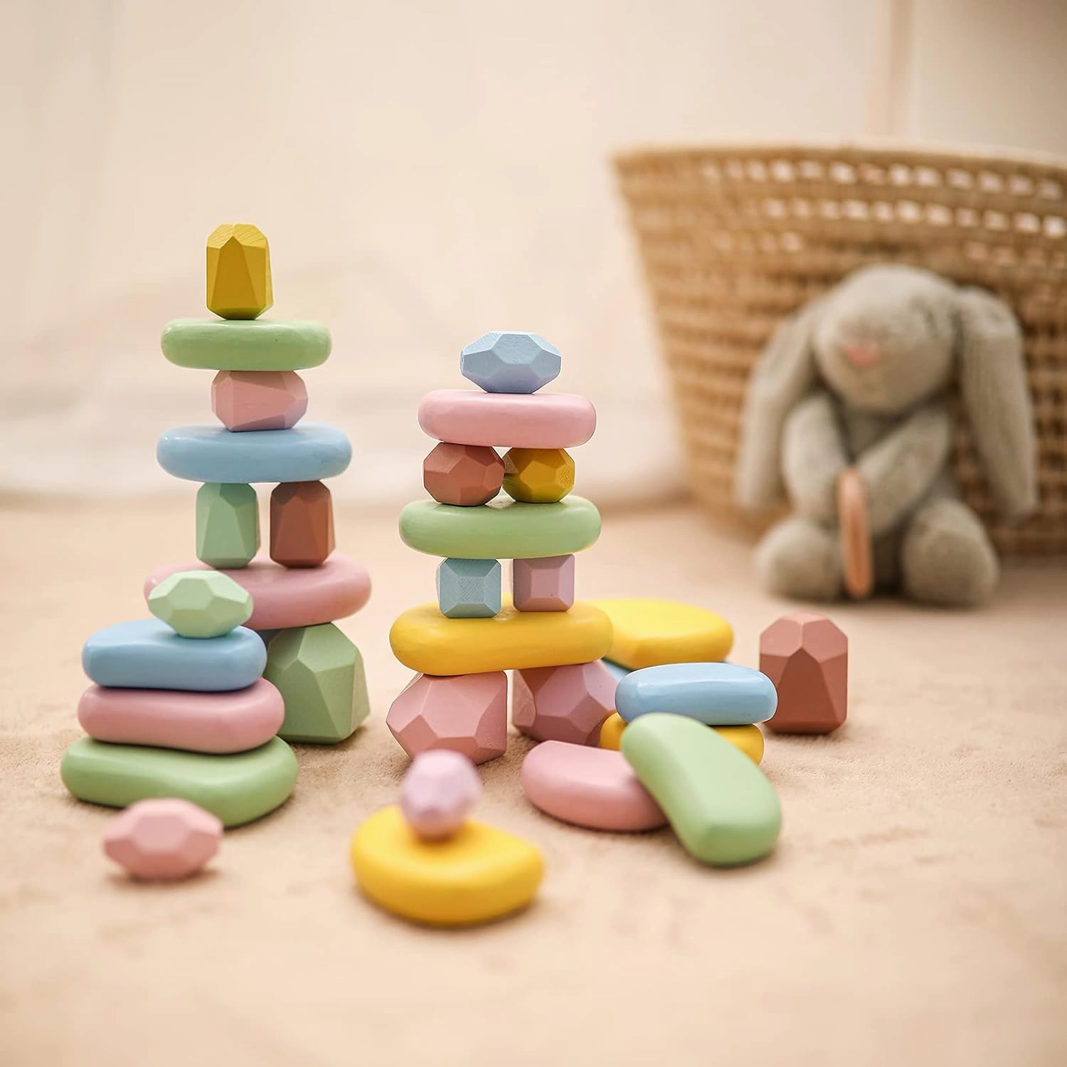 OESSUF 34PCs Stacking Rocks Balancing Stones Wooden Stacking Toys for Toddler Montessori Sorting Game