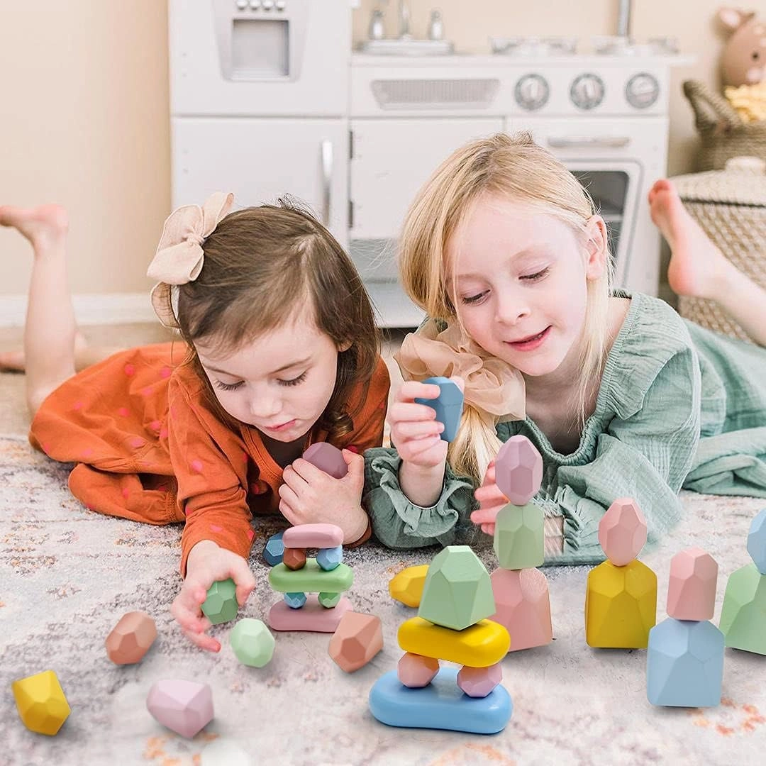 OESSUF 34PCs Stacking Rocks Balancing Stones Wooden Stacking Toys for Toddler Montessori Sorting Game