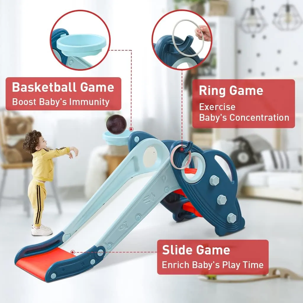 Onasti Kids Slide for Toddlers Age 1-3 Indoor Baby Plastic Slide Outdoor Climber Freestanding Playset with Basketball Hoop & Ring Game Blue