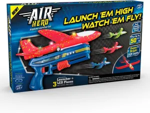 Ontel Air Hero Airplane Launcher Toy with LED Lights, Fun Outdoor Toy Includes 3 Airplanes & 1 Launcher, Kids Toy for Christmas or Gift for Kids, Nighttime Light Up Toy, Durable ABS Material, Blue