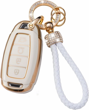 ontto 4-Button Gold Edge Key Protector Fit for Hyundai i30 ix25 Ix35 Elantra Encino Kona Solaris Azera Veloster Grandeur Ig TM Accent Santa Fe Palisade,Smart Remote Car Key Case