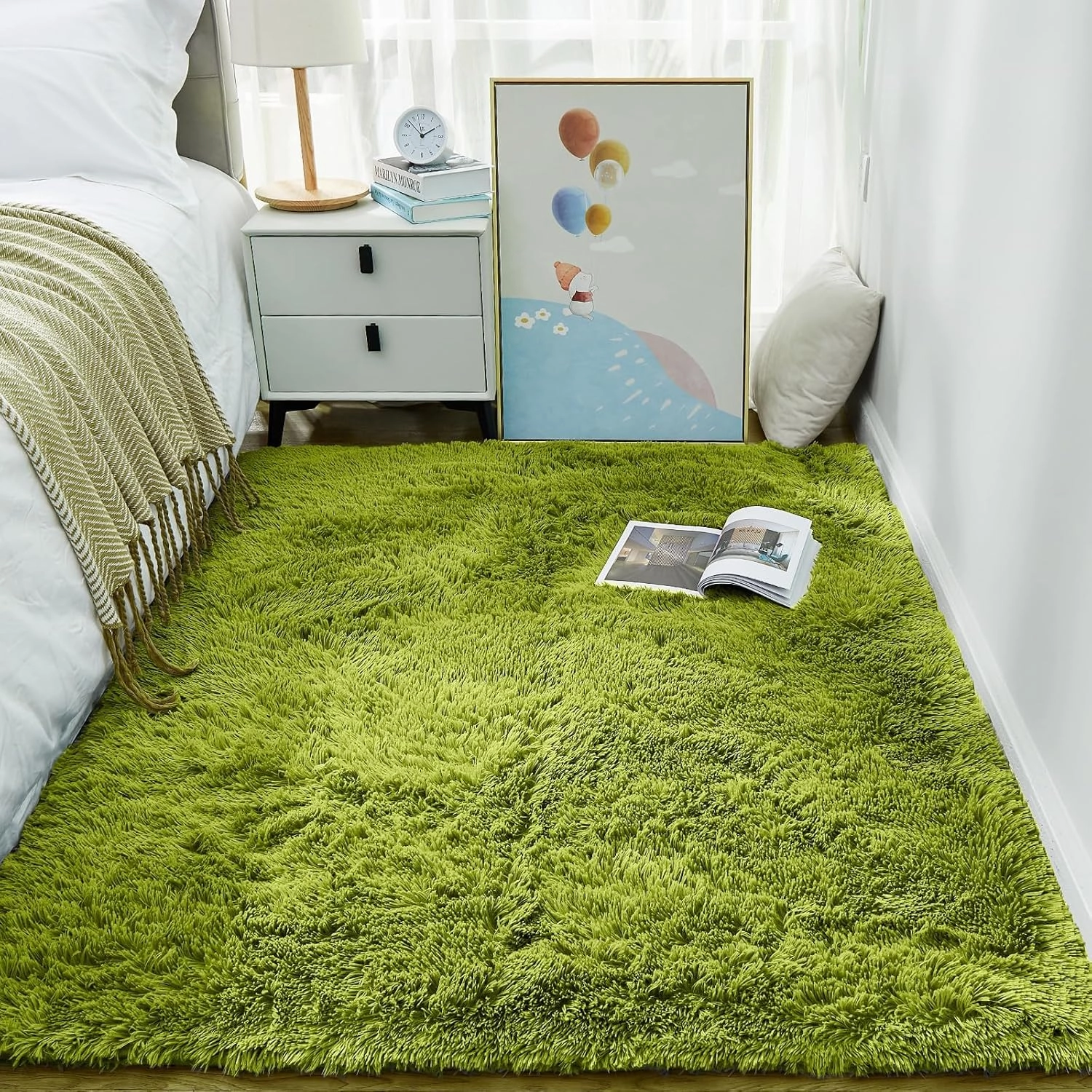 Ophanie Green Grass Area Rugs for Bedroom, 3x5 Shag Fluffy Carpet, Fuzzy Furry Plush Soft Cute Kids Baby Girls Shaggy Bedside Floor Rug for Teen Dorm Nursery Home Decor Aesthetic