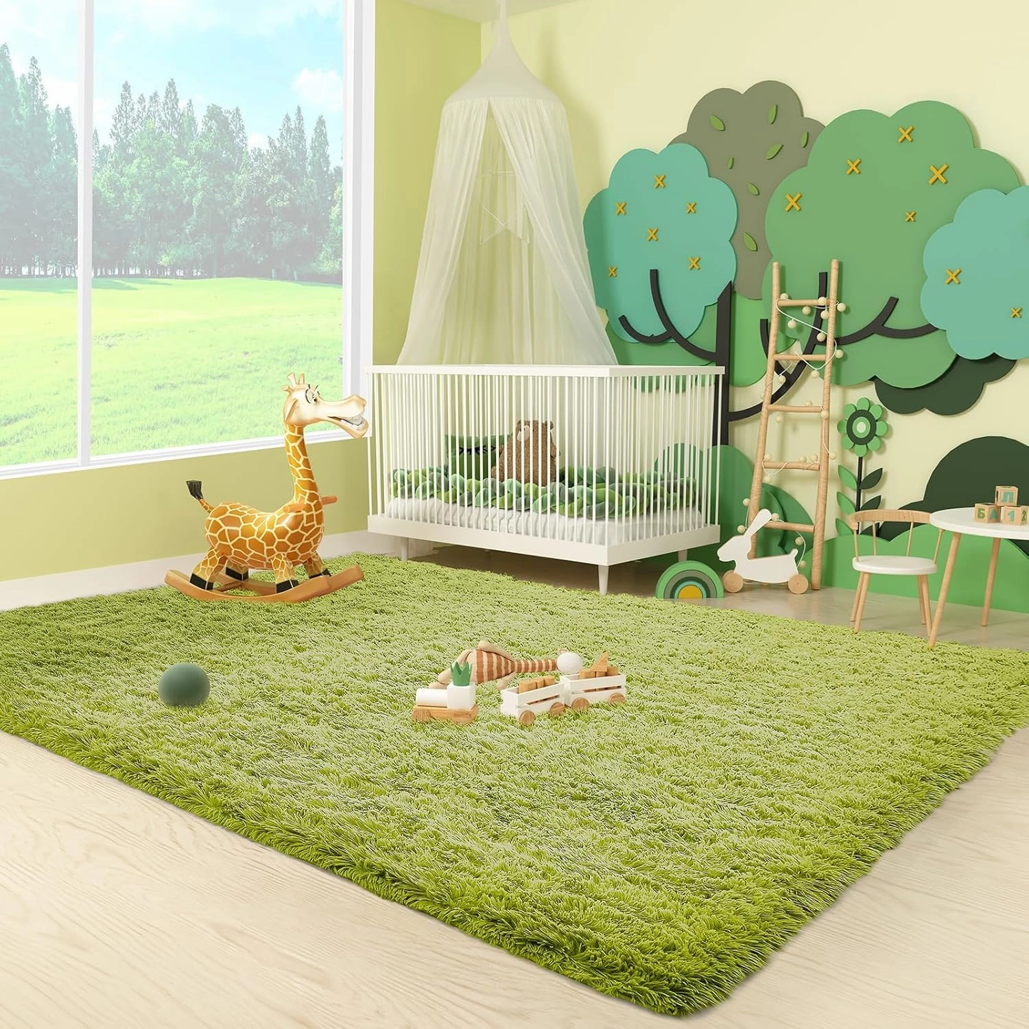 Ophanie Green Grass Area Rugs for Bedroom, 3x5 Shag Fluffy Carpet, Fuzzy Furry Plush Soft Cute Kids Baby Girls Shaggy Bedside Floor Rug for Teen Dorm Nursery Home Decor Aesthetic