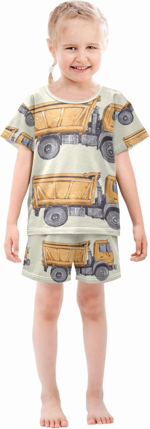 Orange Garbage Truck Cars Pajamas Short Set 2 Piece Summer Sleepwear
