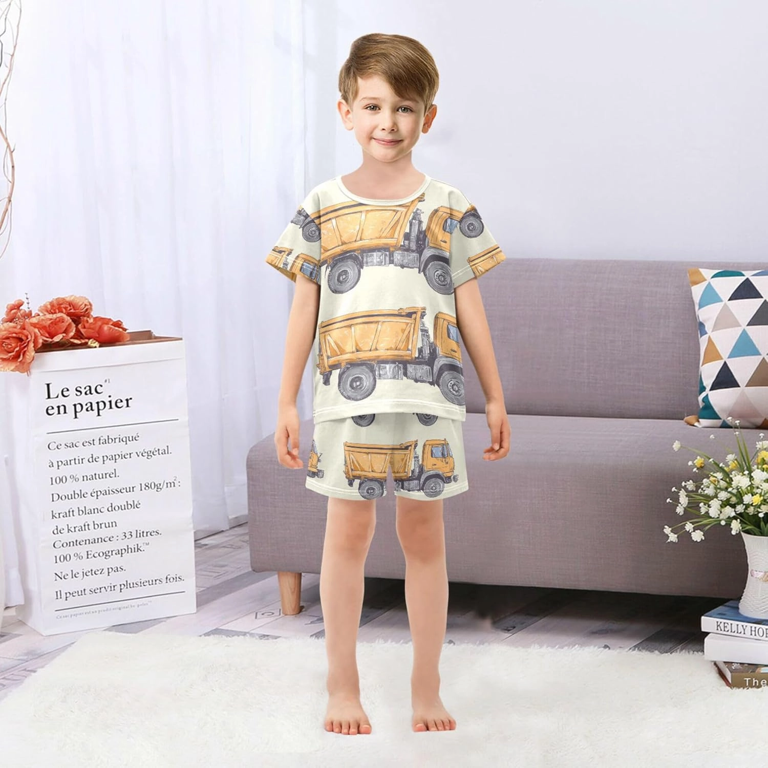 Orange Garbage Truck Cars Pajamas Short Set 2 Piece Summer Sleepwear