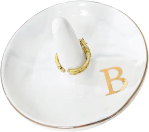 oskas Personalised Marble Letter Ring Dish Holder,Engagement Wedding Bridal Shower Gift，Decorative Trinket Jewelry Tray,4 Inch,Ceramic (B)