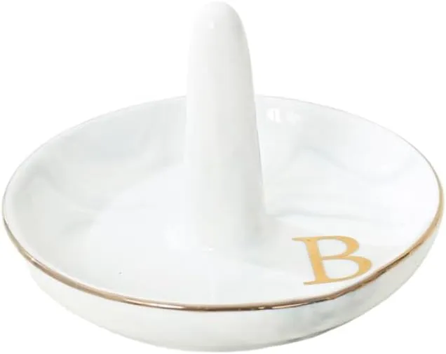 oskas Personalised Marble Letter Ring Dish Holder,Engagement Wedding Bridal Shower Gift，Decorative Trinket Jewelry Tray,4 Inch,Ceramic (B)