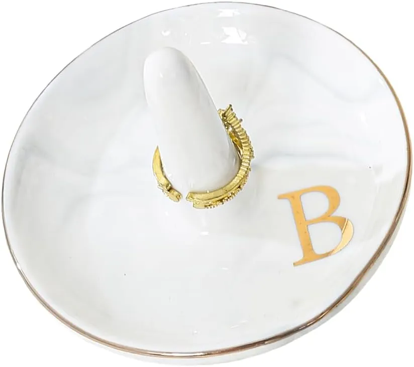 oskas Personalised Marble Letter Ring Dish Holder,Engagement Wedding Bridal Shower Gift，Decorative Trinket Jewelry Tray,4 Inch,Ceramic (B)