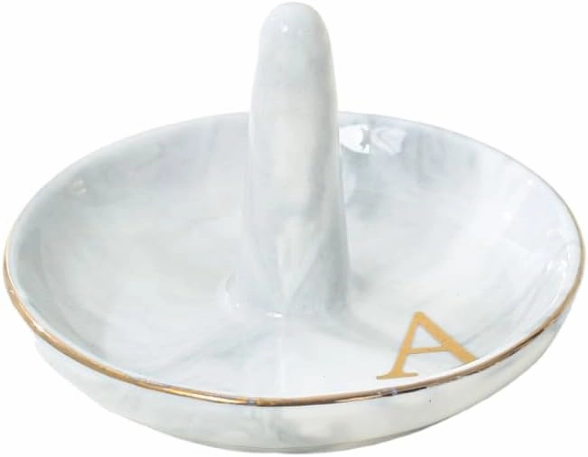 oskas Personalised Marble Letter Ring Dish Holder,Engagement Wedding Bridal Shower Gift，Decorative Trinket Jewelry Tray,4 Inch,Ceramic (A)
