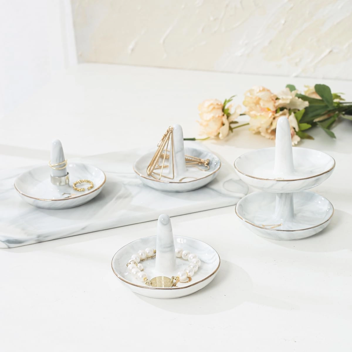 oskas Personalised Marble Letter Ring Dish Holder,Engagement Wedding Bridal Shower Gift，Decorative Trinket Jewelry Tray,4 Inch,Ceramic (A)