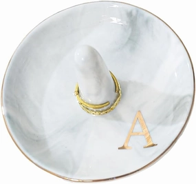 oskas Personalised Marble Letter Ring Dish Holder,Engagement Wedding Bridal Shower Gift，Decorative Trinket Jewelry Tray,4 Inch,Ceramic (A)