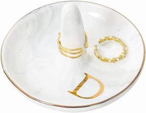 oskas Personalised Marble Letter Ring Dish Holder,Engagement Wedding Bridal Shower Gift，Decorative Trinket Jewelry Tray,4 Inch,Ceramic (D)