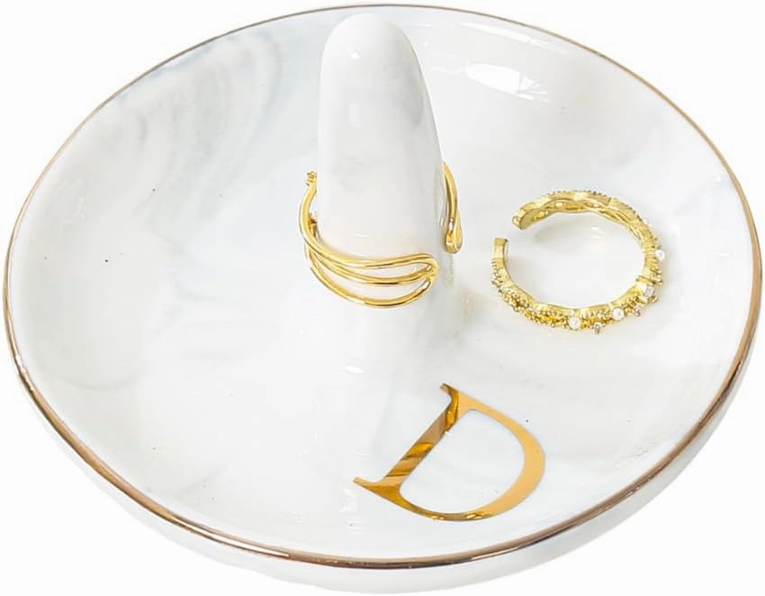oskas Personalised Marble Letter Ring Dish Holder,Engagement Wedding Bridal Shower Gift，Decorative Trinket Jewelry Tray,4 Inch,Ceramic (D)