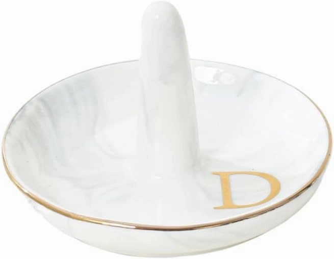 oskas Personalised Marble Letter Ring Dish Holder,Engagement Wedding Bridal Shower Gift，Decorative Trinket Jewelry Tray,4 Inch,Ceramic (D)