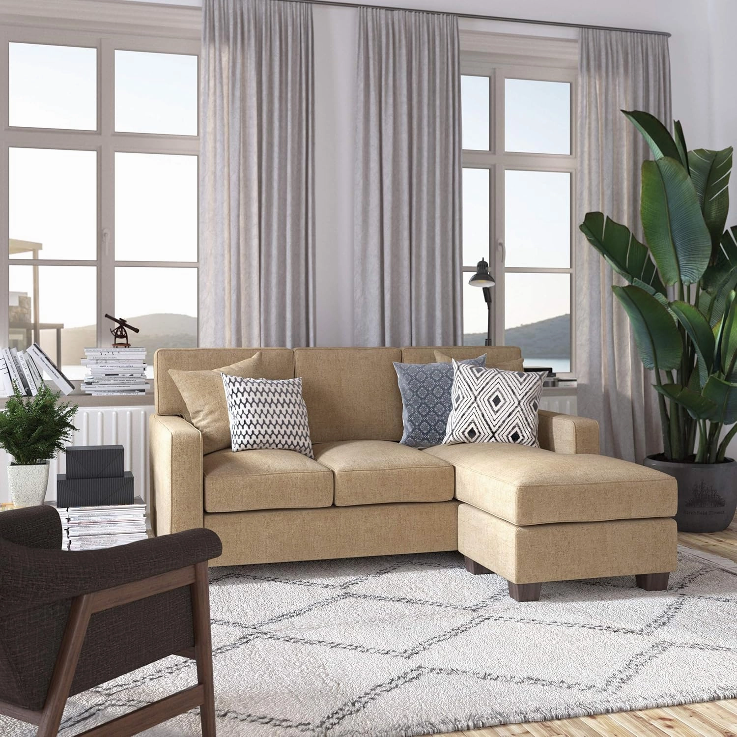 OSP Home Furnishings Russell Reversible Sectional Sofa with 2 Pillows and Coffee Finished Legs, Earth