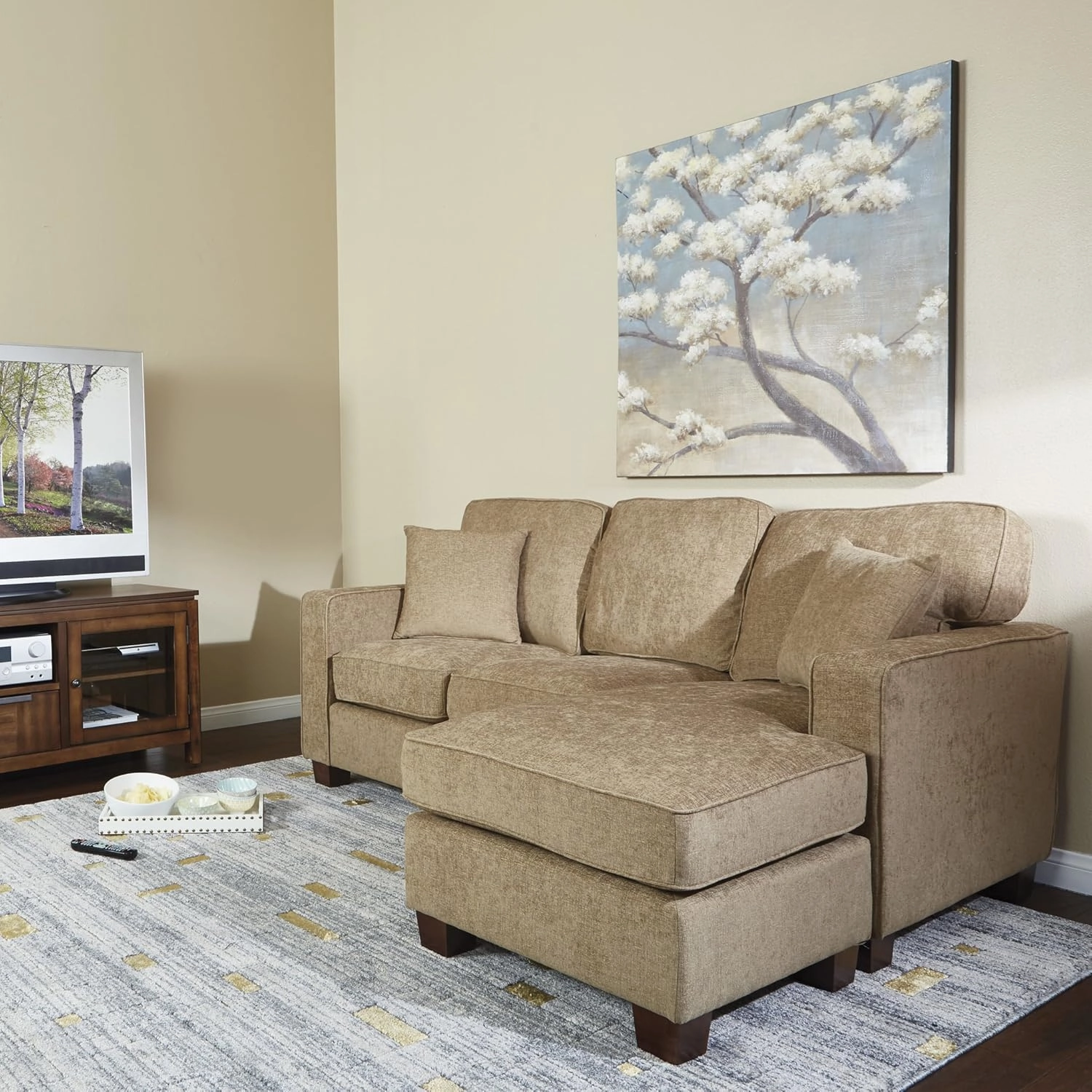 OSP Home Furnishings Russell Reversible Sectional Sofa with 2 Pillows and Coffee Finished Legs, Earth