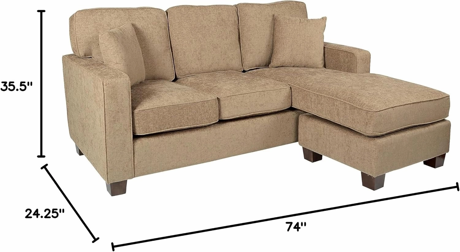 OSP Home Furnishings Russell Reversible Sectional Sofa with 2 Pillows and Coffee Finished Legs, Earth