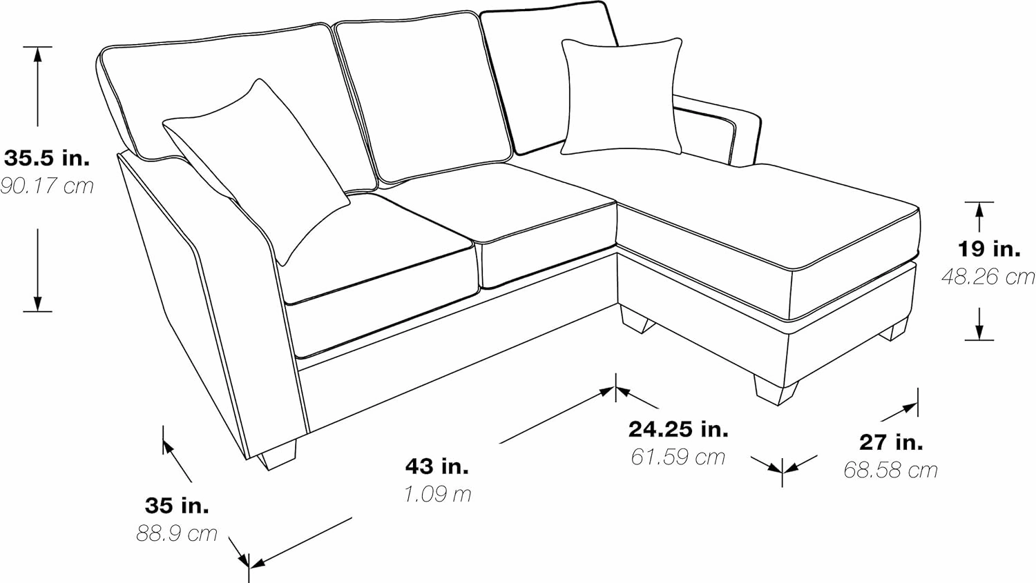OSP Home Furnishings Russell Reversible Sectional Sofa with 2 Pillows and Coffee Finished Legs, Earth