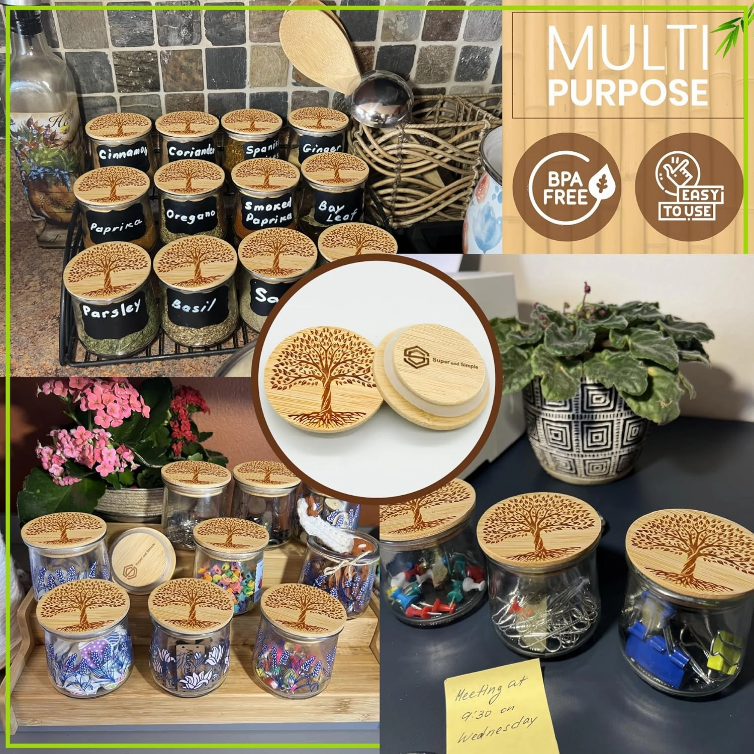 Oui Yogurt Jar Lids with Reusable Labels & Storage Bag | Beautiful Tree of Life Design or Choose a Design | Bamboo Wood with Food Grade Silicone Sealing Ring | Durable, Food-Safe, Air-tight | 24 lids