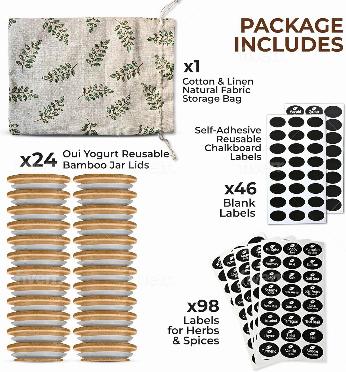 Oui Yogurt Jar Lids with Reusable Labels & Storage Bag | Beautiful Tree of Life Design or Choose a Design | Bamboo Wood with Food Grade Silicone Sealing Ring | Durable, Food-Safe, Air-tight | 24 lids