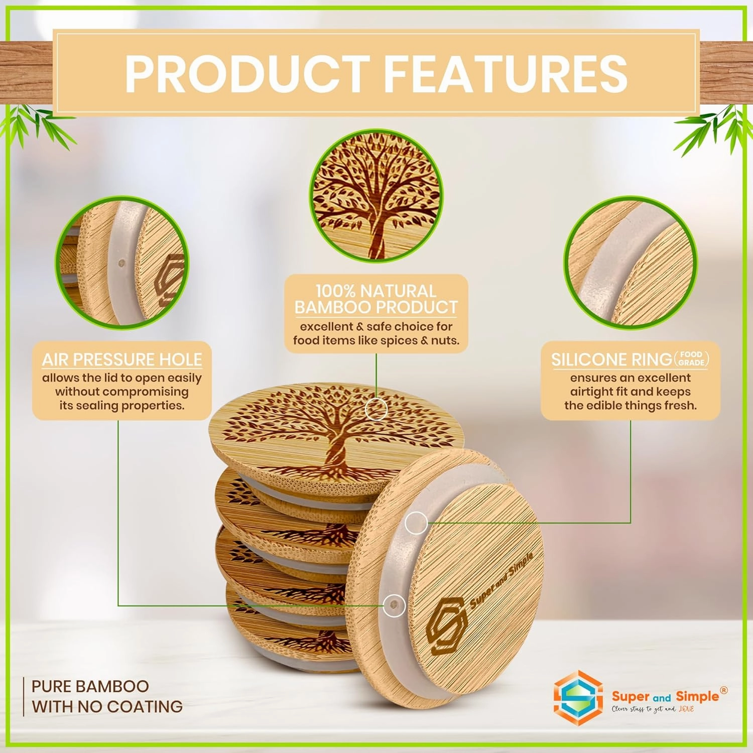 Oui Yogurt Jar Lids with Reusable Labels & Storage Bag | Beautiful Tree of Life Design or Choose a Design | Bamboo Wood with Food Grade Silicone Sealing Ring | Durable, Food-Safe, Air-tight | 24 lids