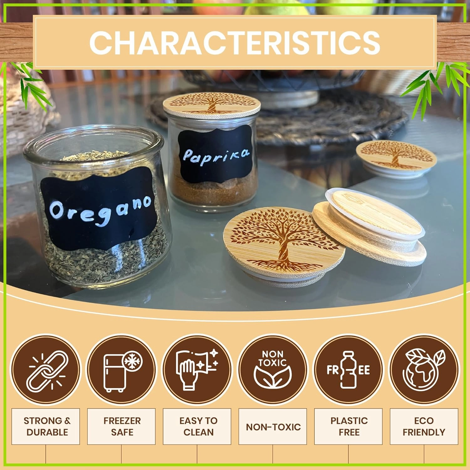 Oui Yogurt Jar Lids with Reusable Labels & Storage Bag | Beautiful Tree of Life Design or Choose a Design | Bamboo Wood with Food Grade Silicone Sealing Ring | Durable, Food-Safe, Air-tight | 24 lids