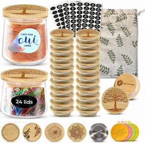 Oui Yogurt Jar Lids with Reusable Labels & Storage Bag | Beautiful Tree of Life Design or Choose a Design | Bamboo Wood with Food Grade Silicone Sealing Ring | Durable, Food-Safe, Air-tight | 24 lids