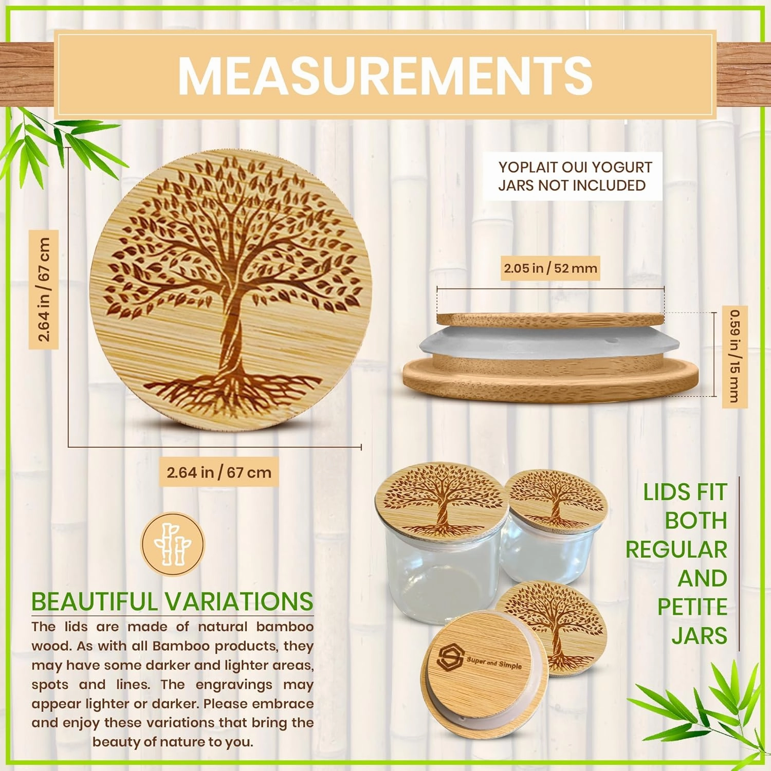 Oui Yogurt Jar Lids with Reusable Labels & Storage Bag | Beautiful Tree of Life Design or Choose a Design | Bamboo Wood with Food Grade Silicone Sealing Ring | Durable, Food-Safe, Air-tight | 24 lids