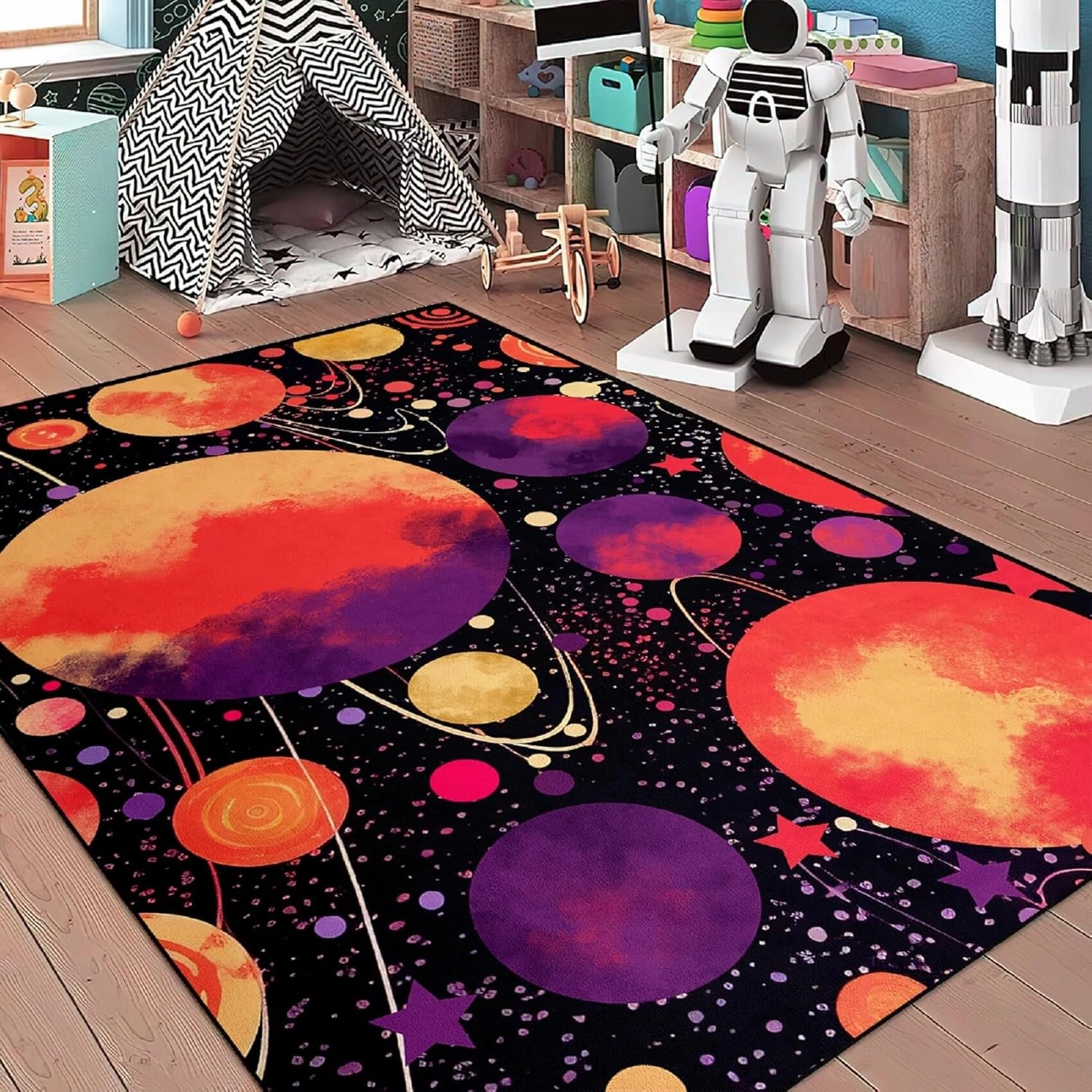 Outer Space Rug - Starry Sky Area Carpet Planet Rug for Kids Room Galaxy Rugs for Boys Bedroom Black Universe Plant Carpet Kids Play Mat, 3x4 Feet