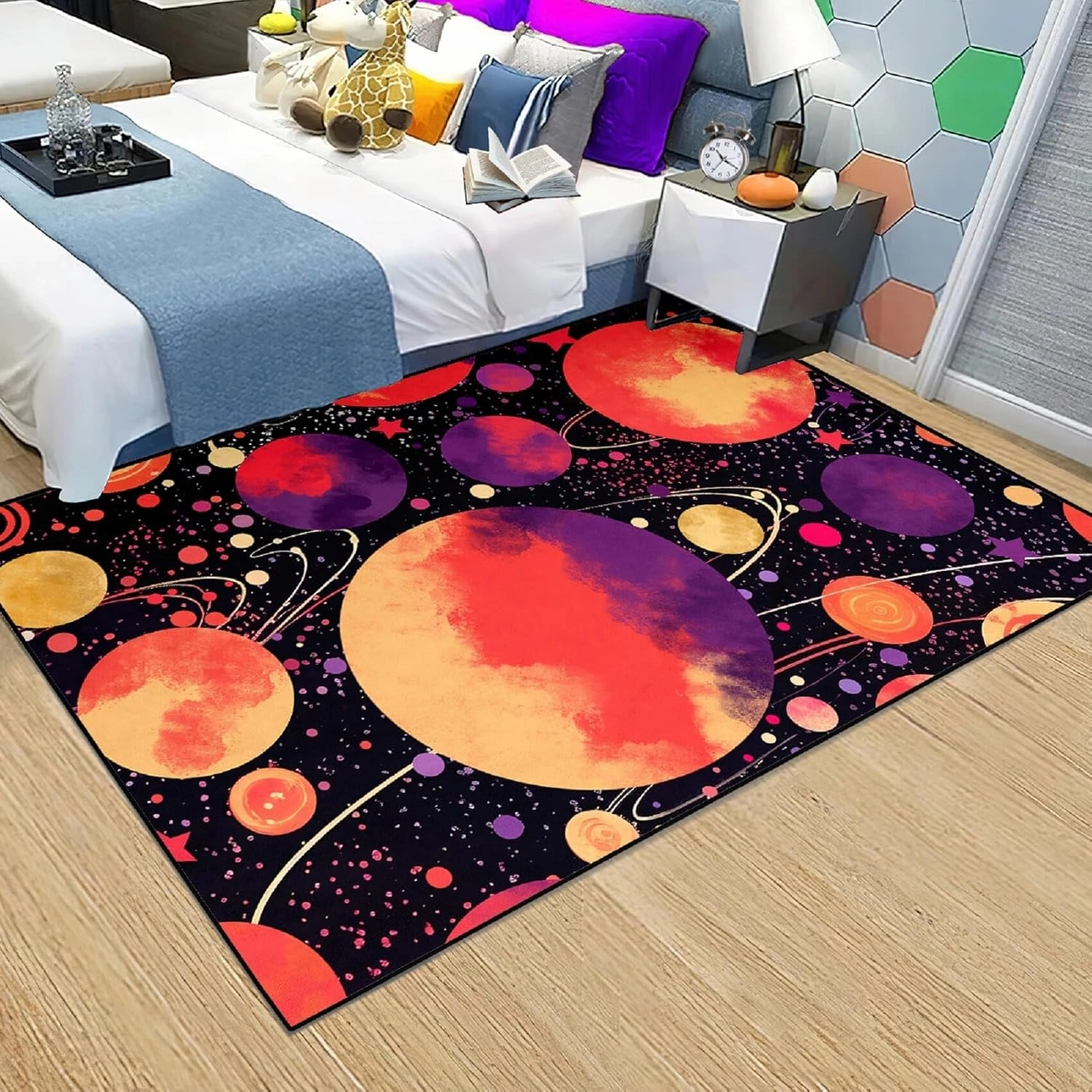 Outer Space Rug - Starry Sky Area Carpet Planet Rug for Kids Room Galaxy Rugs for Boys Bedroom Black Universe Plant Carpet Kids Play Mat, 3x4 Feet