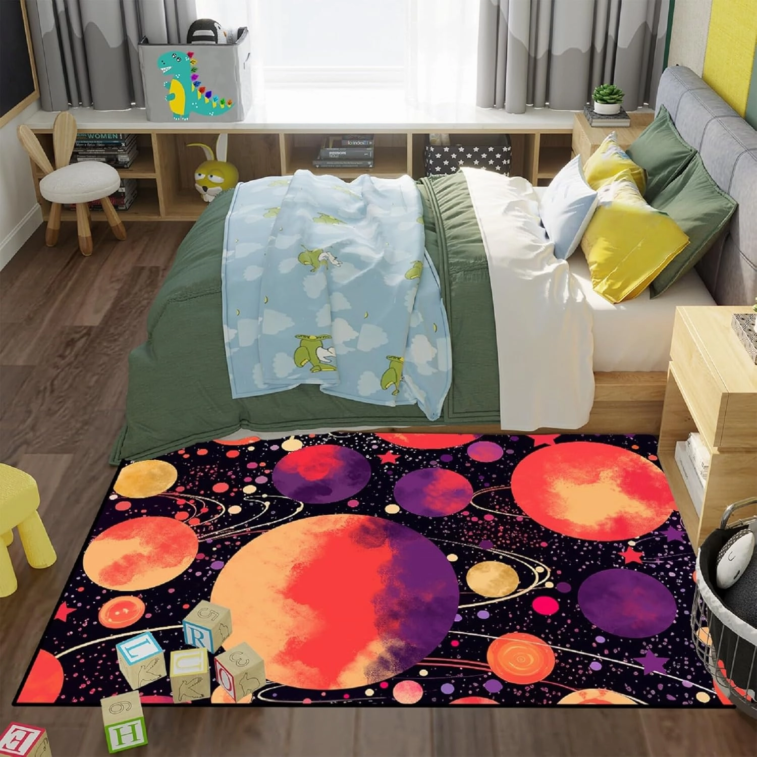 Outer Space Rug - Starry Sky Area Carpet Planet Rug for Kids Room Galaxy Rugs for Boys Bedroom Black Universe Plant Carpet Kids Play Mat, 3x4 Feet