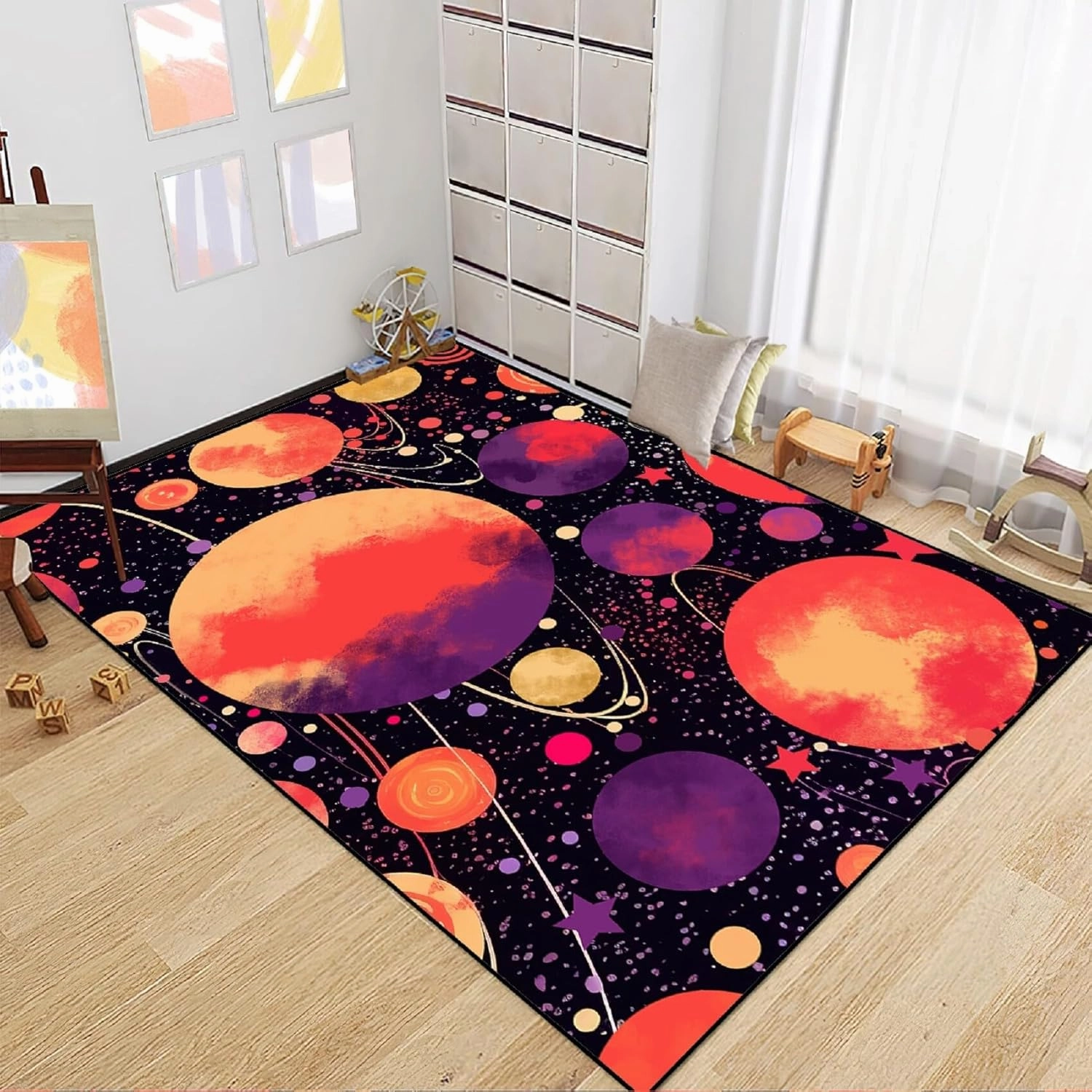 Outer Space Rug - Starry Sky Area Carpet Planet Rug for Kids Room Galaxy Rugs for Boys Bedroom Black Universe Plant Carpet Kids Play Mat, 3x4 Feet