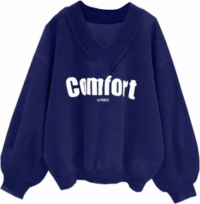 Oversized Sweatshirt for Women Drop Shoulder V-Neck Letter Graphic Pullover Long Sleeve Loose Fit Casual Top