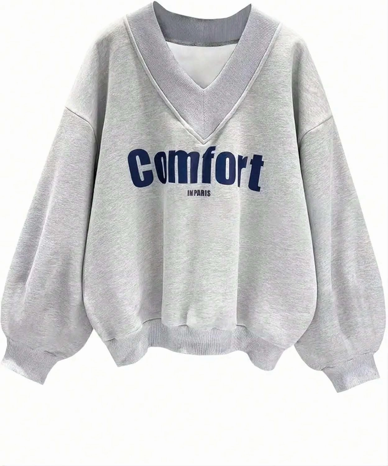 Oversized Sweatshirt for Women Drop Shoulder V-Neck Letter Graphic Pullover Long Sleeve Loose Fit Casual Top