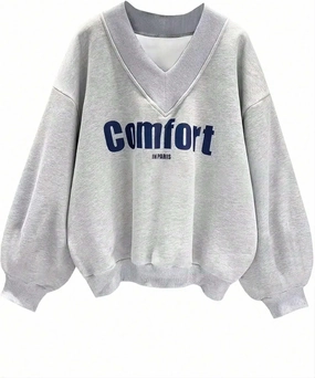 Oversized Sweatshirt for Women Drop Shoulder V-Neck Letter Graphic Pullover Long Sleeve Loose Fit Casual Top