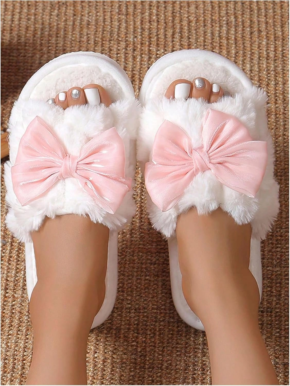 OYOANGLE Women's Bow Knot Furry Slippers Open Toe Faux Fur Fuzzy Indoor Slippers Casual House Slides