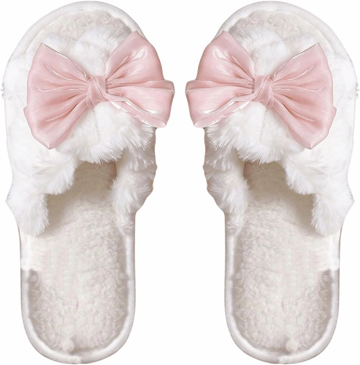 OYOANGLE Women's Bow Knot Furry Slippers Open Toe Faux Fur Fuzzy Indoor Slippers Casual House Slides
