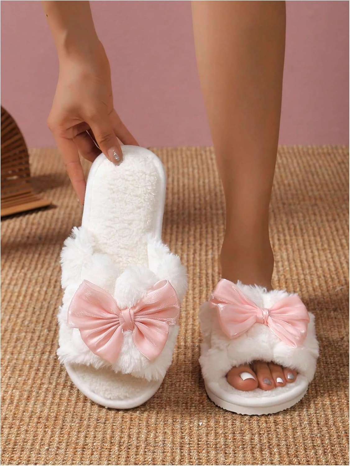 OYOANGLE Women's Bow Knot Furry Slippers Open Toe Faux Fur Fuzzy Indoor Slippers Casual House Slides