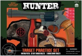 PARRIS CLASSIC QUALITY TOYS EST. 1936 - Hunter Target Practice Set for Outdoor Fun, 12" Toy Pistol with Working Hammer, 20 Soft Rubber Ammo, 3 Knock Over Targets (Boar, Bottle, Snake)