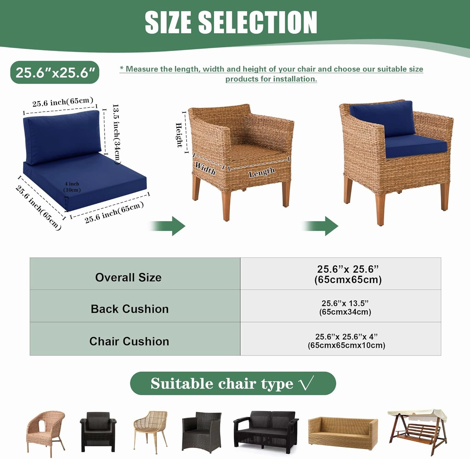 Patio Furniture Cushions Replacement, Outdoor Deep Seat Couch Cushion and Backrest Pillow with Waterproof Removable Cover for Sectional Sofa Set, 25.6 x 25.6 Inch, Navy