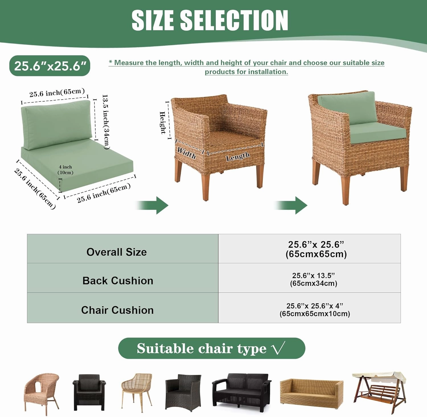 Patio Furniture Cushions Replacement, Outdoor Deep Seat Couch Cushion and Backrest Pillow with Waterproof Removable Cover for Sectional Sofa Set, 25.6 x 25.6 Inch, Sage Green