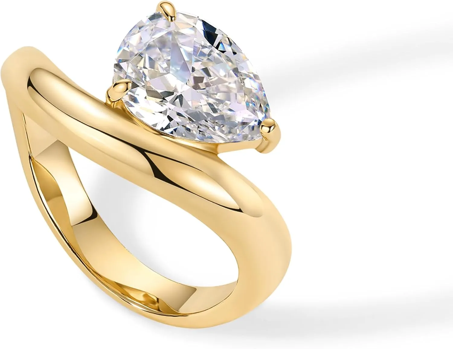 PAVOI 14K Gold Plated Premium Cubic Zirconia Square Solitaire Engagement Ring for Women - Unique Wavy Promise and Fake Wedding Ring